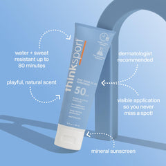 Thinksport SPF 50 mineral, aplicación rápida para rostro y cuerpo sin grasa.