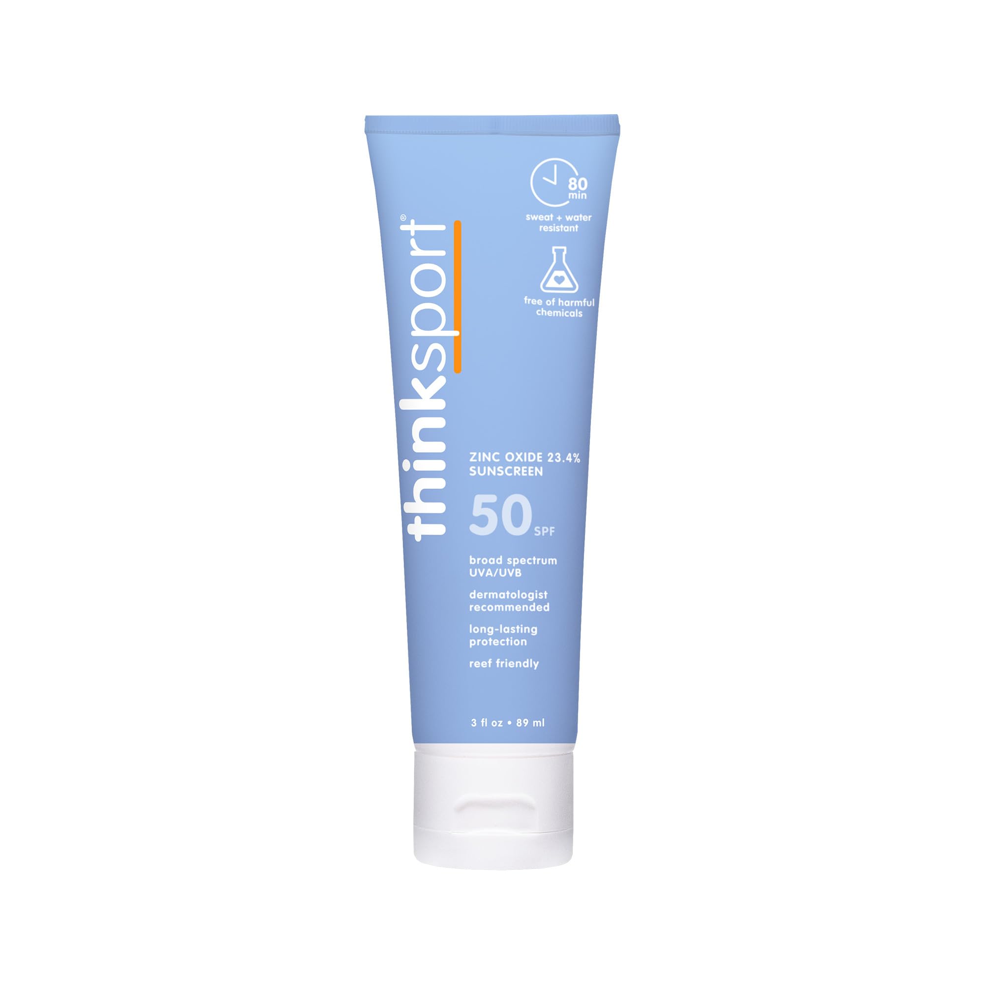 Thinksport SPF 50 mineral, botella para protección duradera en deporte.