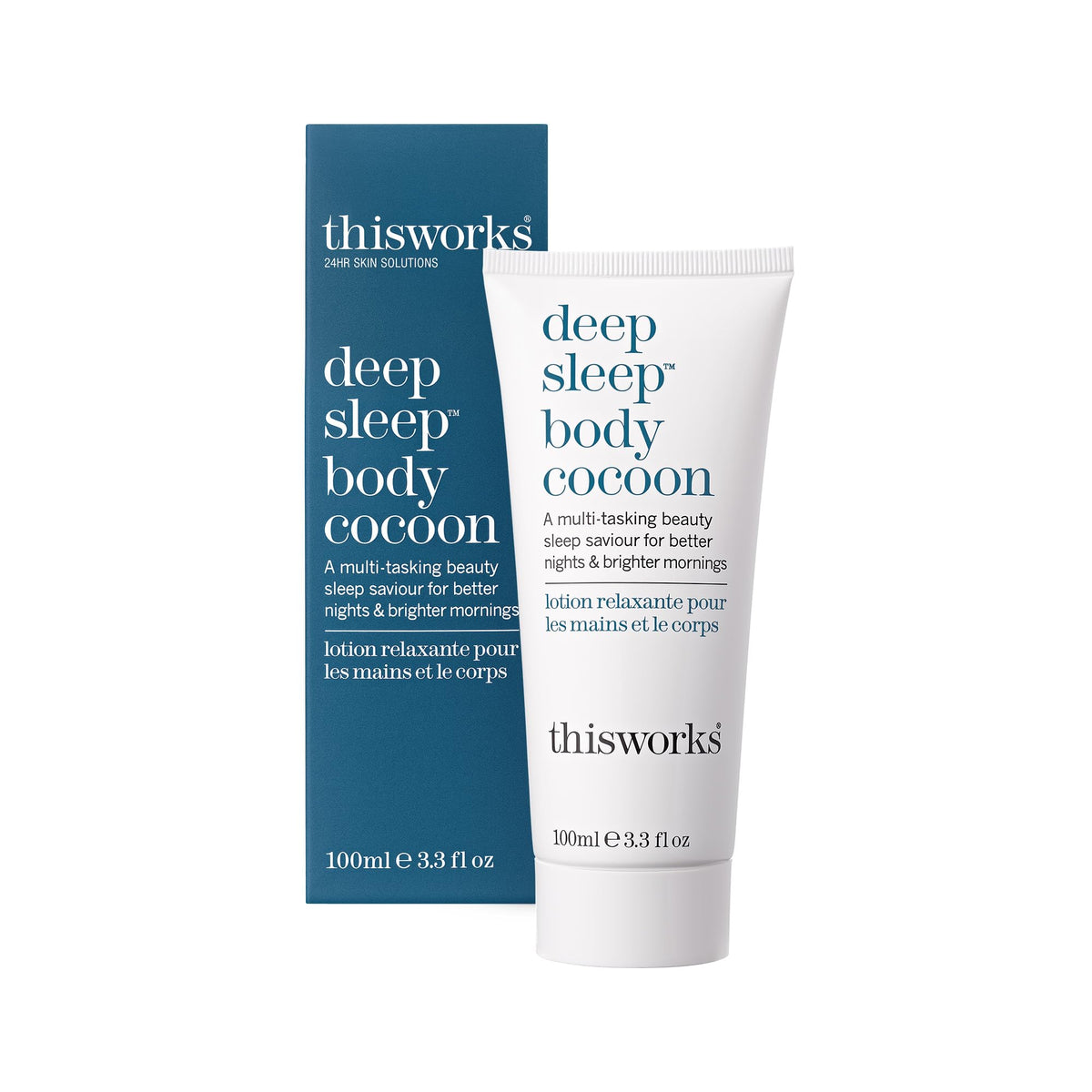 THISWORKS Deep Sleep Body Cocoon envase de 100 ml para hidratación nocturna.