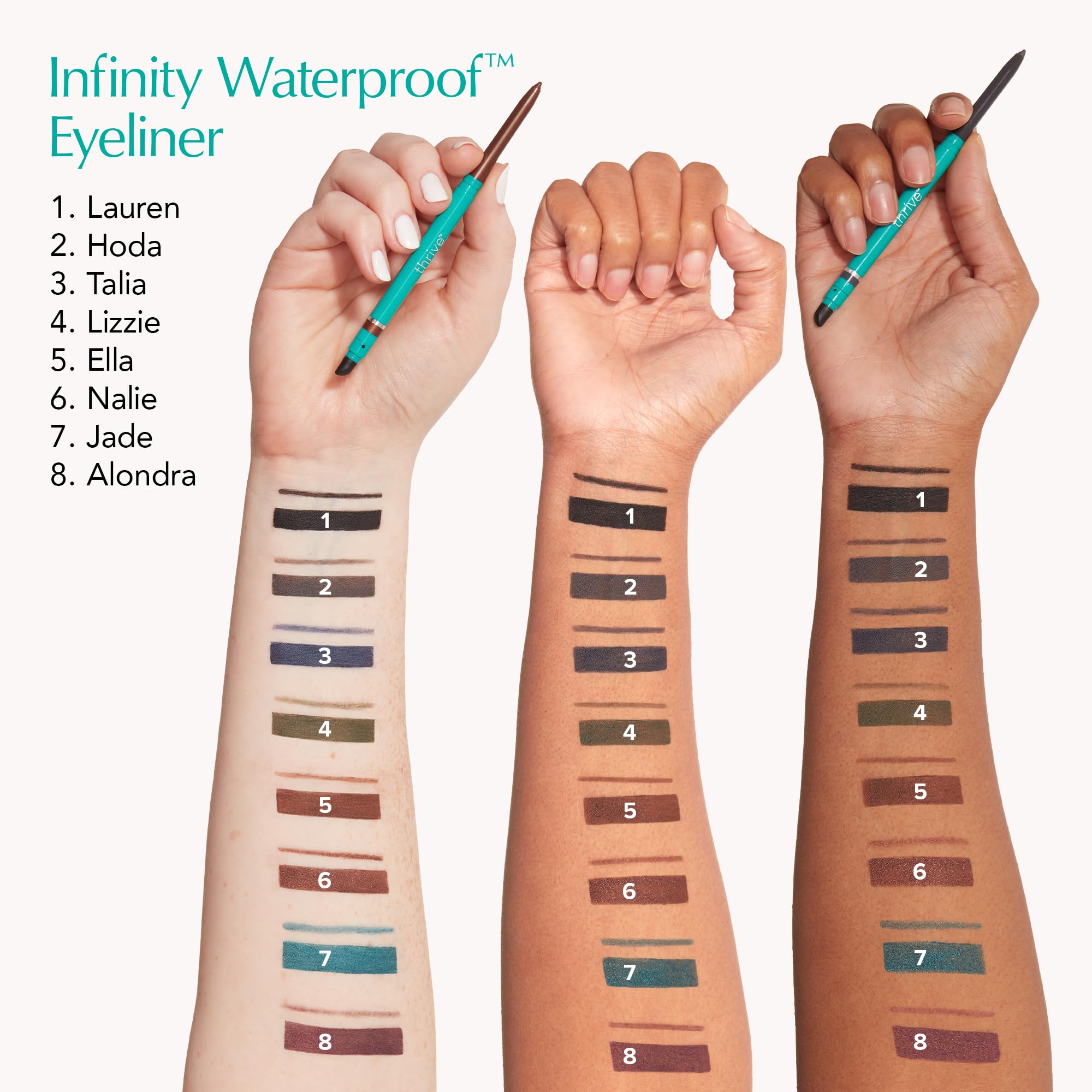 Delineador Thrive Infinity en Jade para un look de día a noche.