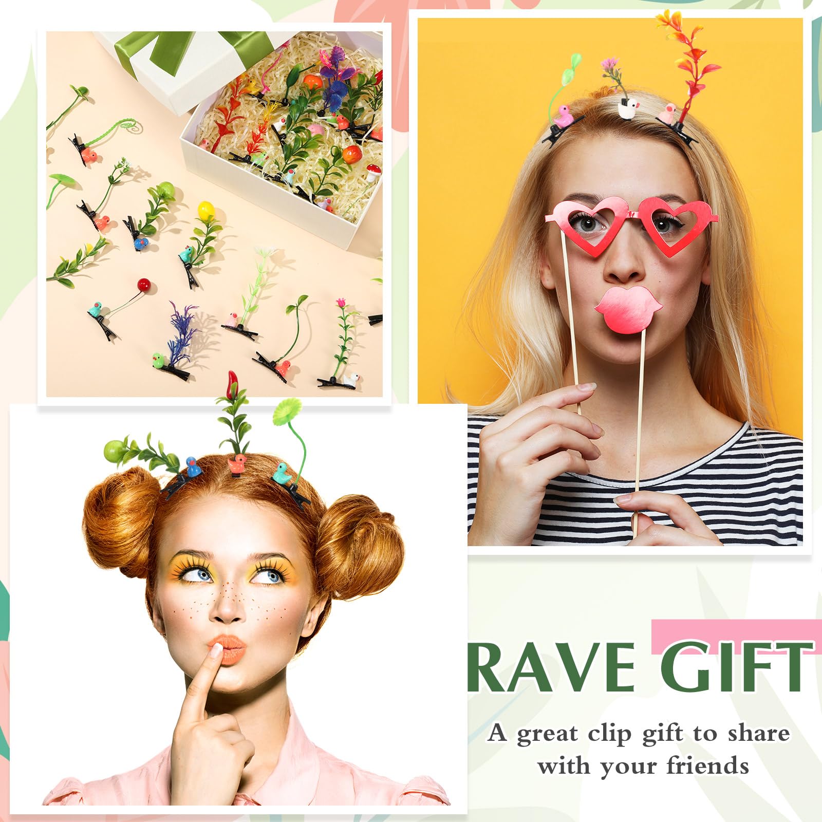 Clip de hongos y hierba multicolor para looks vibrantes.