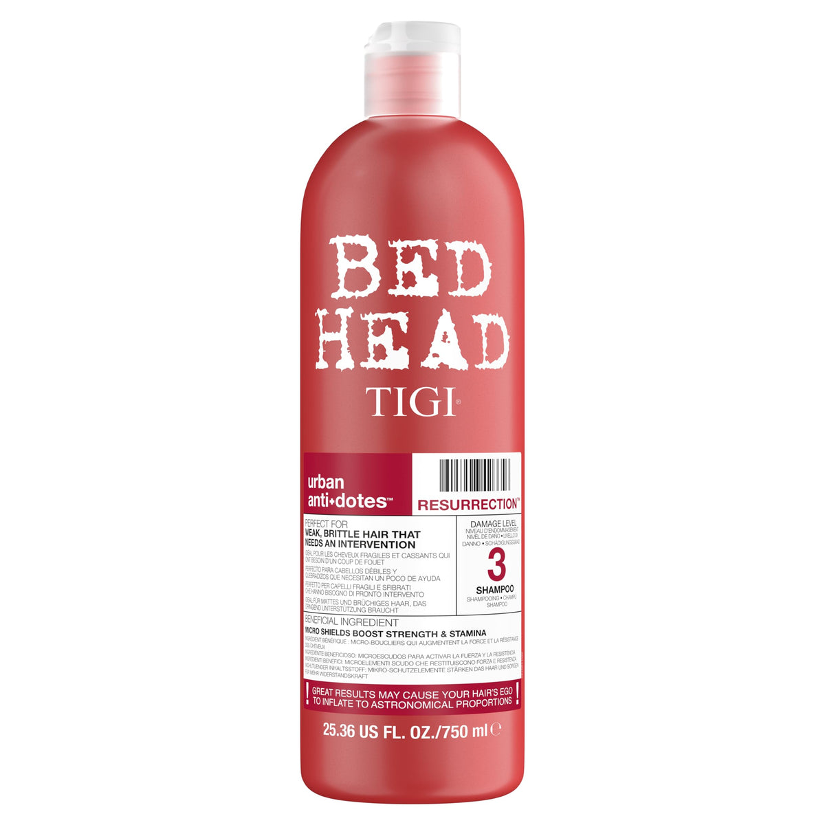 Champú Resurrección Bed Head de TIGI: botella de reparación profunda para cabello dañado y suave al tacto.