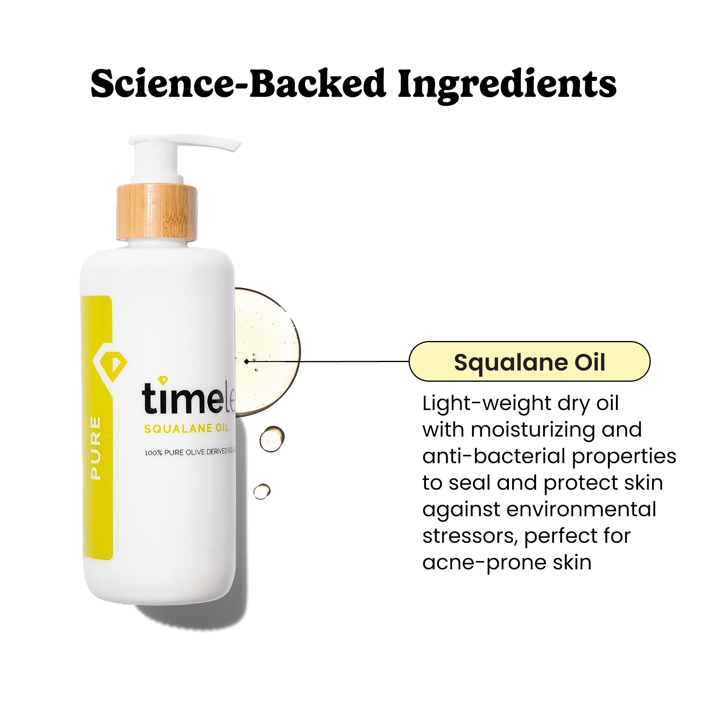 Timeless Skin Care Squalane pipeta con gotas para aplicación precisa.