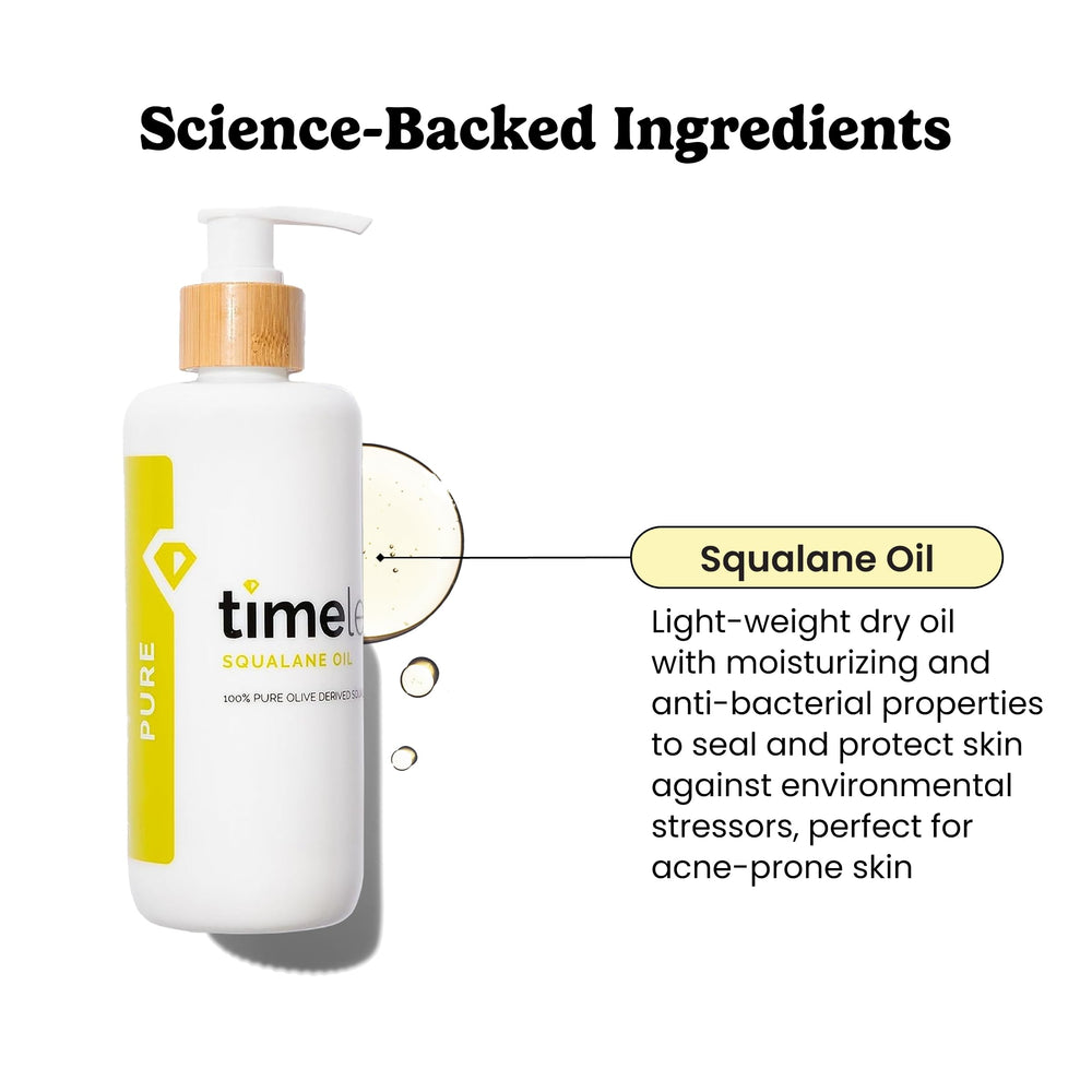 Timeless Skin Care Squalane pipeta con gotas para aplicación precisa.