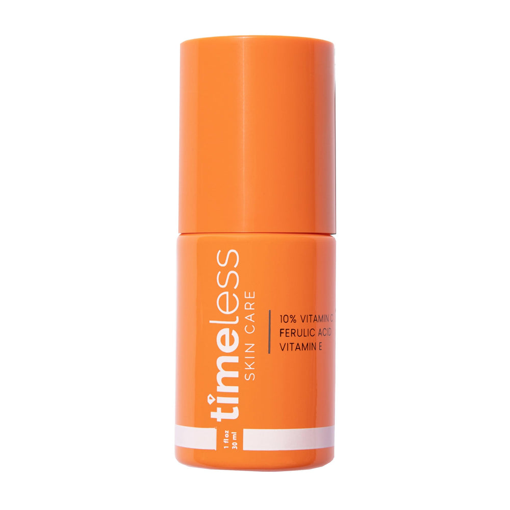 Timeless Skin Care Vitamina C Serum en botella clara para brillo suave.