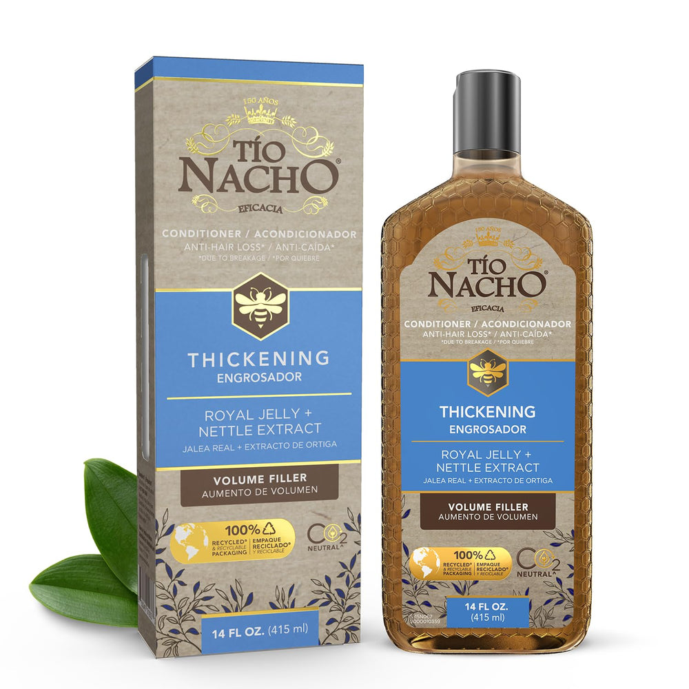 Acondicionador engrosante Tio Nacho con jalea real, botella visible para uso diario.