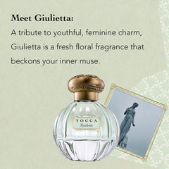 Tocca Giulietta label closeup showing 1920s-inspired glass bottle and refined packaging.