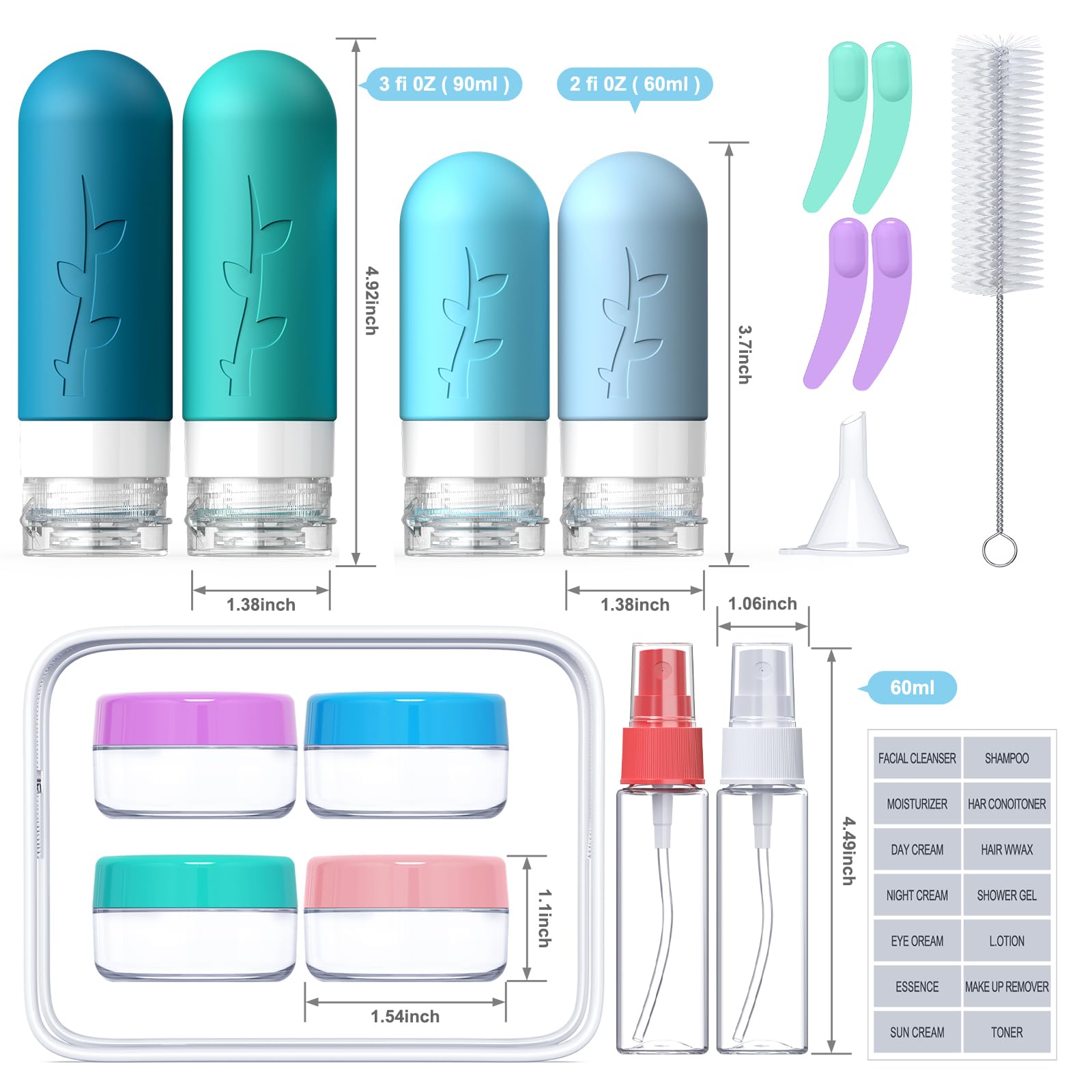 Tocelffe botellas de silicona 2 oz para viaje, compactas y reutilizables