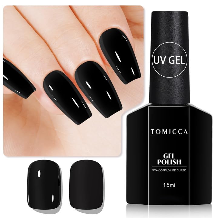 Esmalte gel negro TOMICCA 15 ml ofrece color intenso y duradero para uñas elegantes.