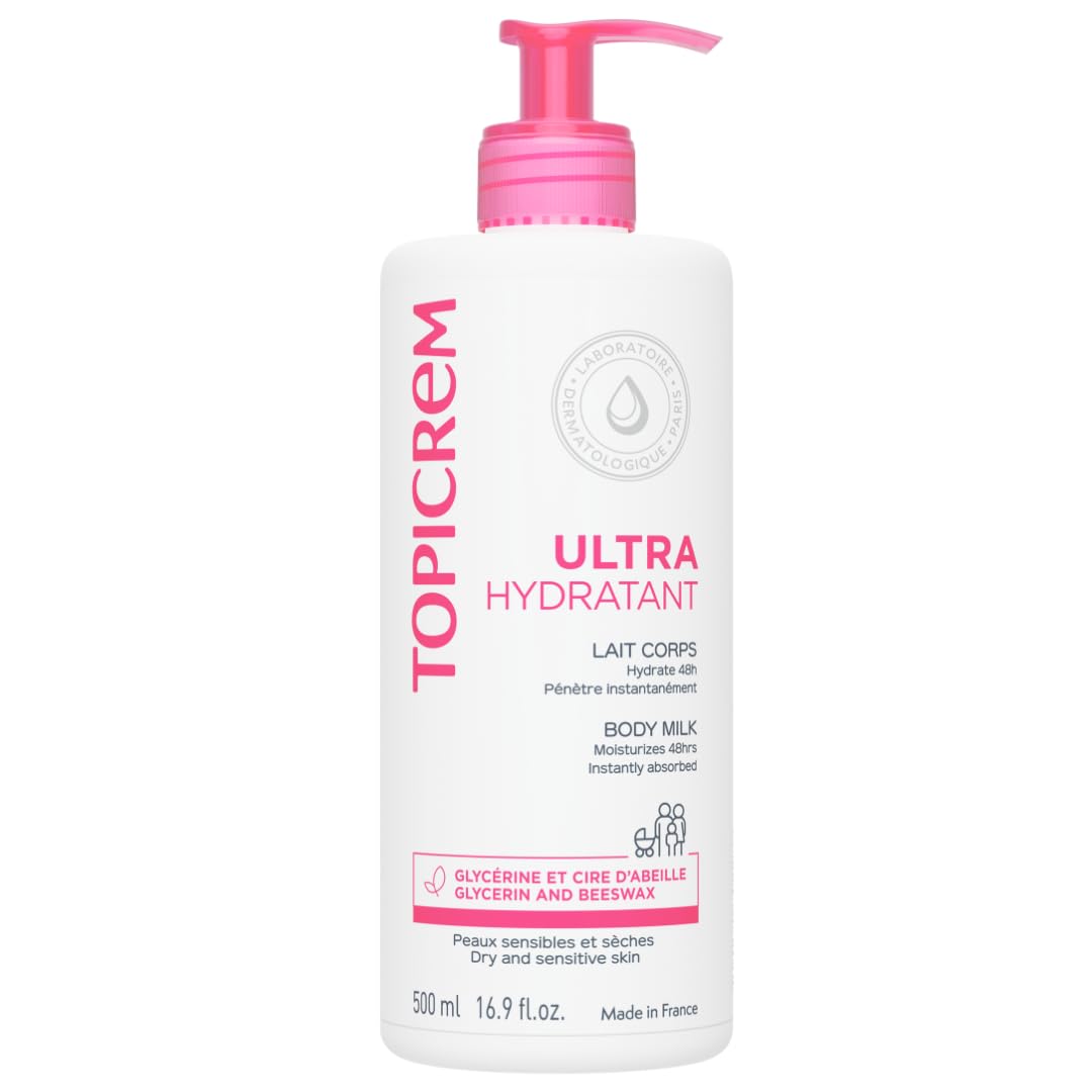 Topicrem leche corporal 500ml en botella, hidratación diaria para piel seca y sensible.