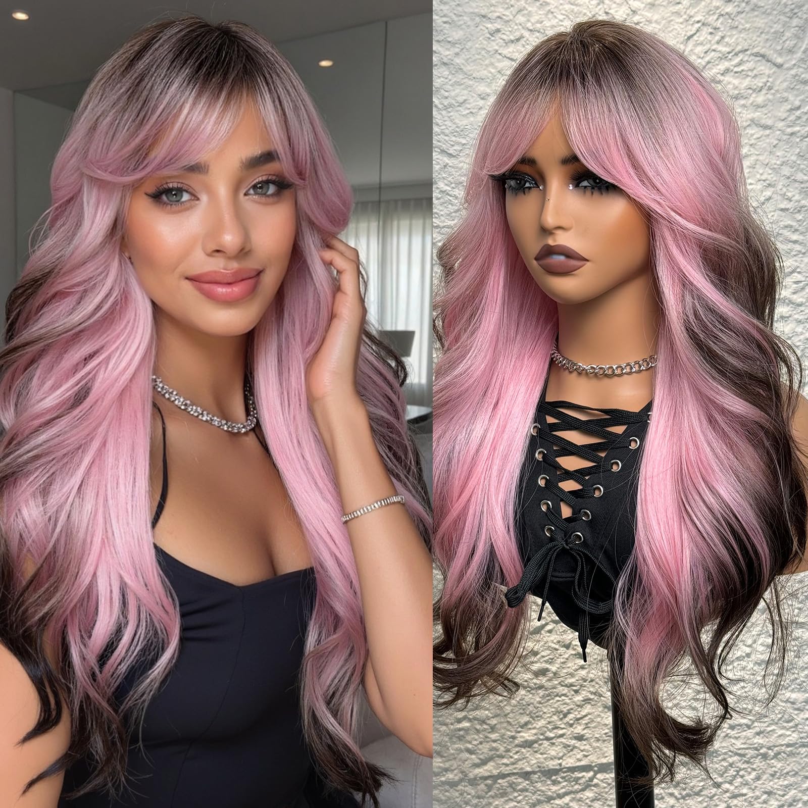 Peluca Topshe rosa larga con flequillo, ideal para estilos llamativos en fiestas.