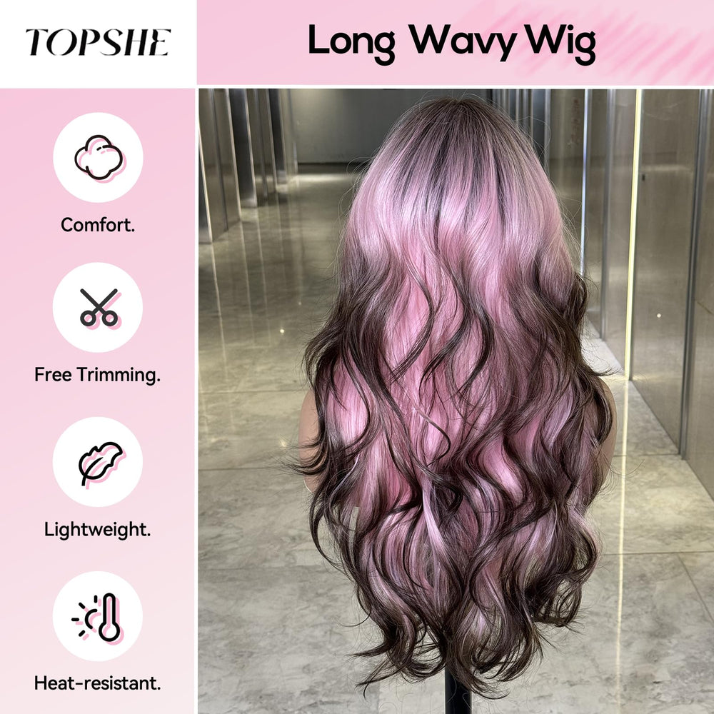 Peluca Topshe rizos largos con balayage rosado para volumen natural.