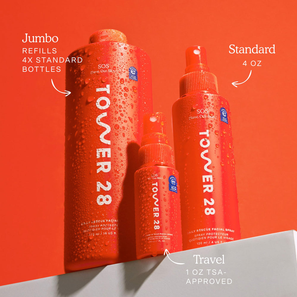 Tower 28 Jumbo SOS Aplicación suave en rostro y cuello mañana y noche.