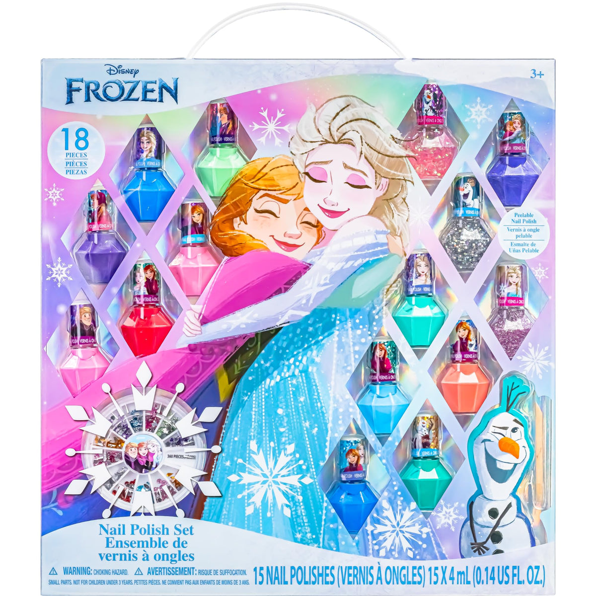 Townley Girl Disney Frozen: botellas en forma diamante con brillos para uñas, ideal para looks divertidos.