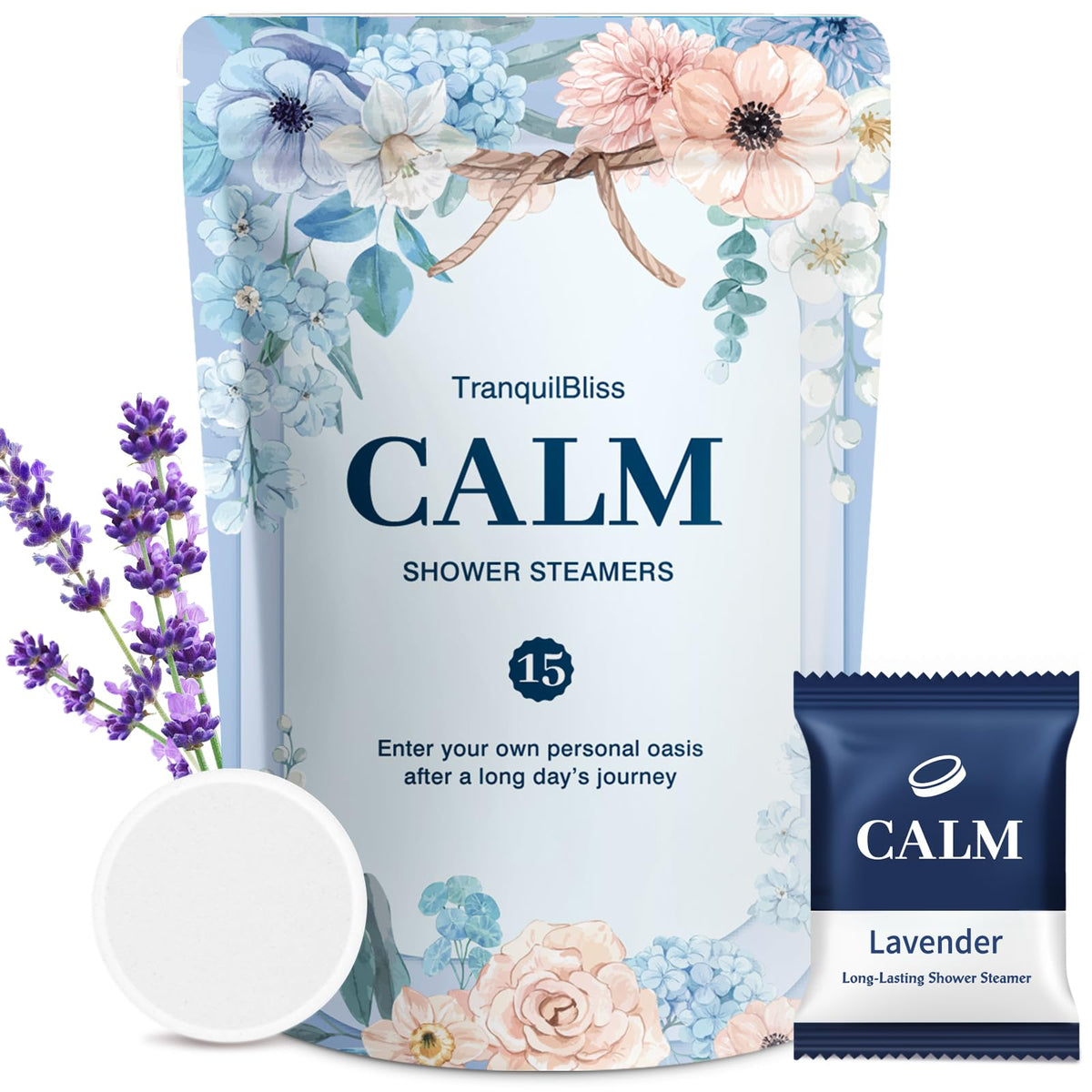 Bombas de ducha TranquilBliss lavanda para relajación al despertar.