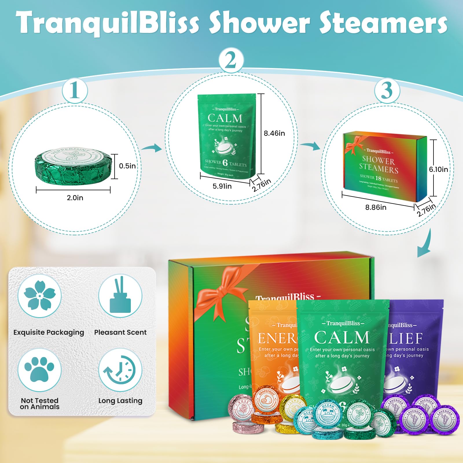 TranquilBliss pastillas para ducha pomelo, fragancia fresca para energía matutina.