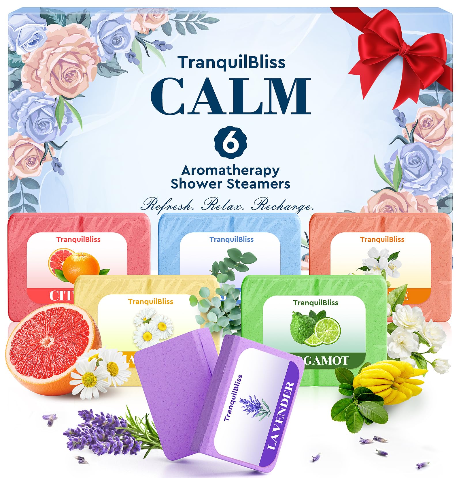 TranquilBliss pastilla eucalipto aroma fresco para revitalizar la ducha diaria.