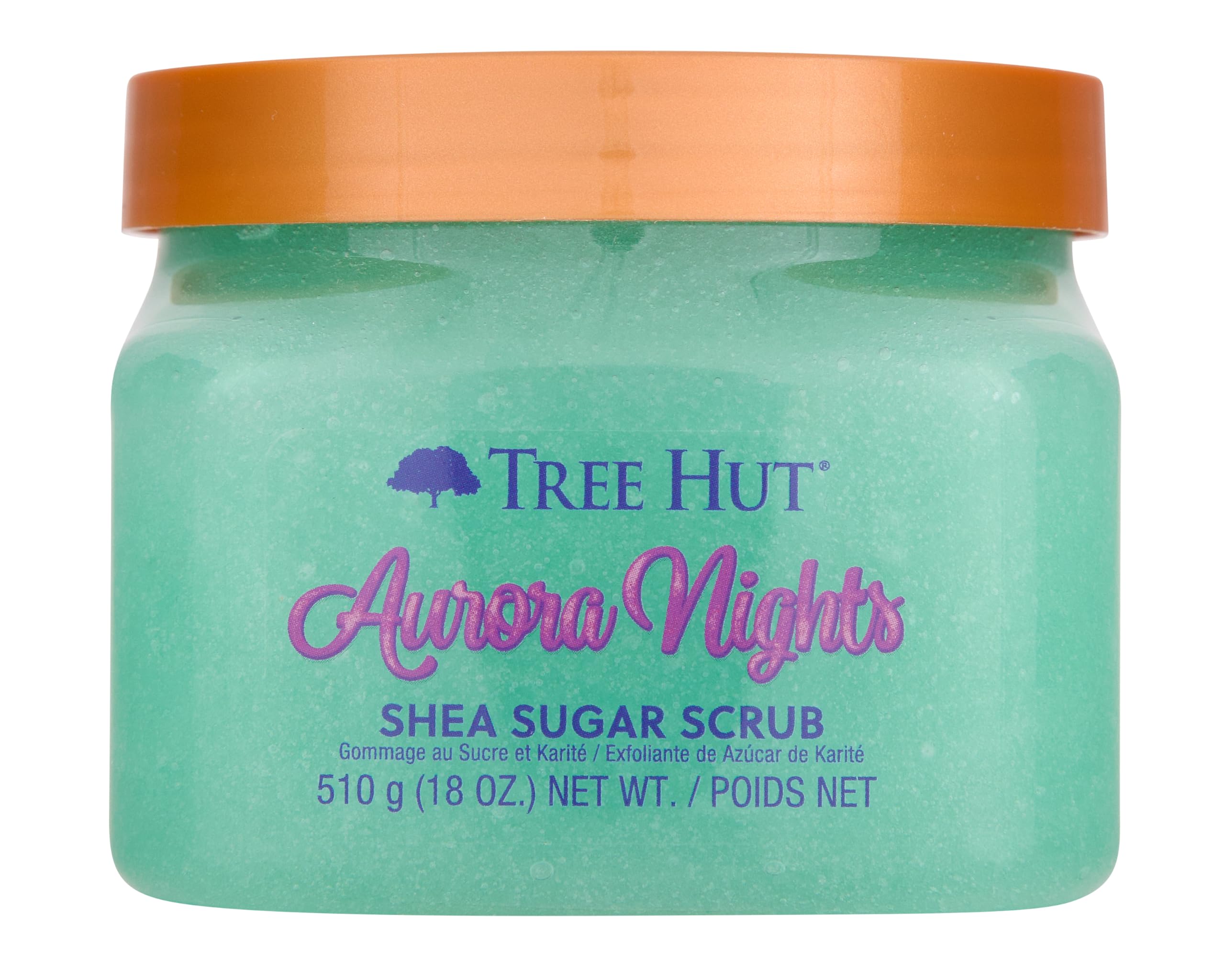 Tree Hut Aurora Nights exfoliante azúcar muestra textura suave para piel renovada.