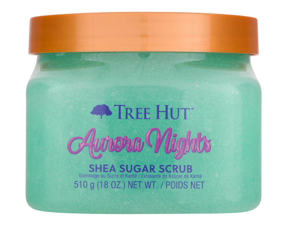 Tree Hut Aurora Nights exfoliante azúcar muestra textura suave para piel renovada.