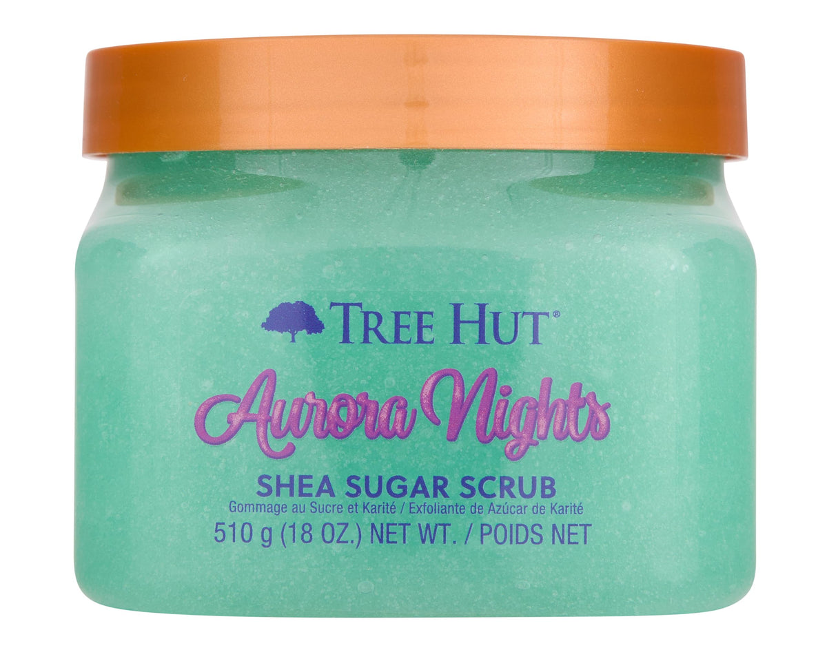 Tree Hut Aurora Nights exfoliante azúcar muestra textura suave para piel renovada.