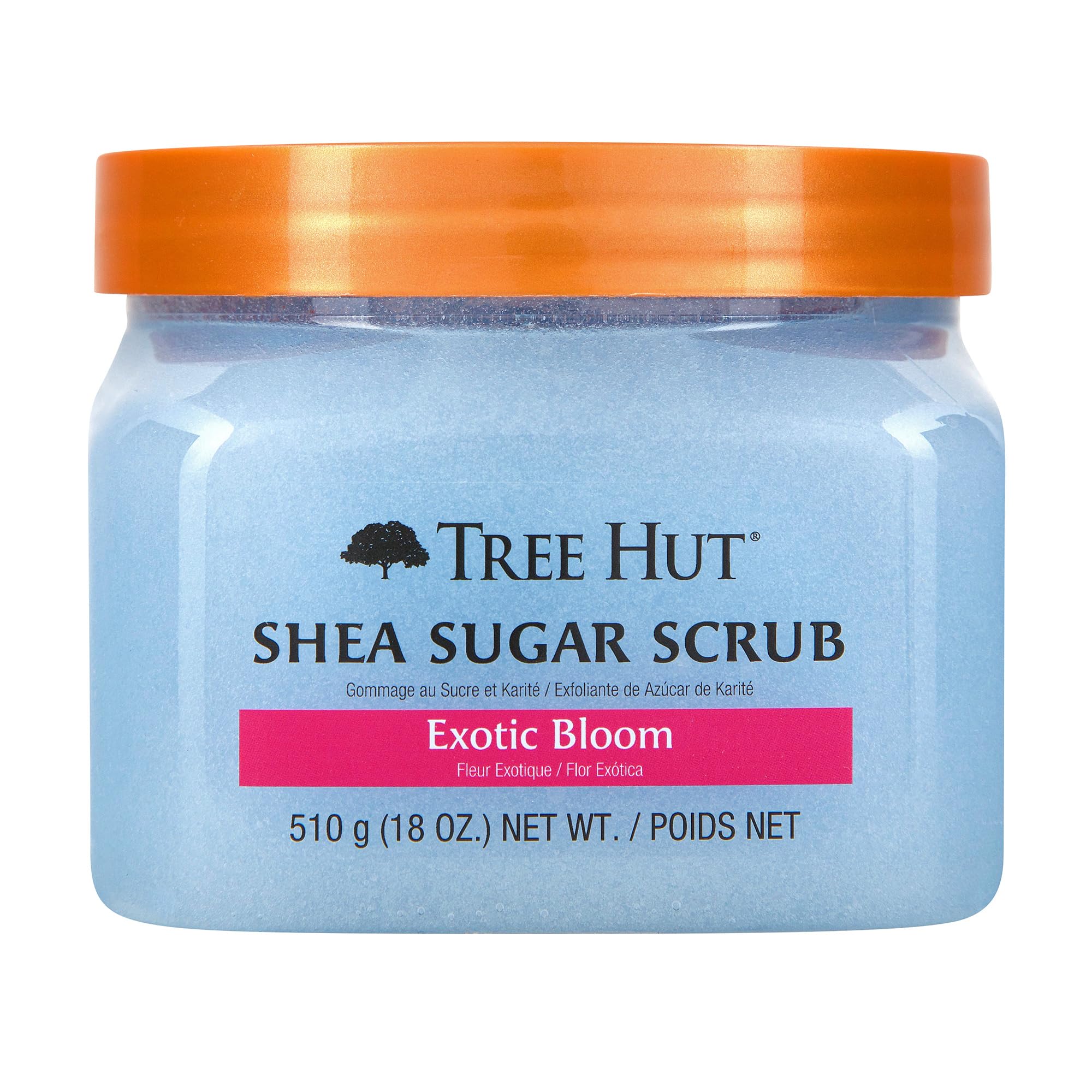 Tree Hut Exotic Bloom exfoliante corporal en envase; azúcar real para una piel suave.