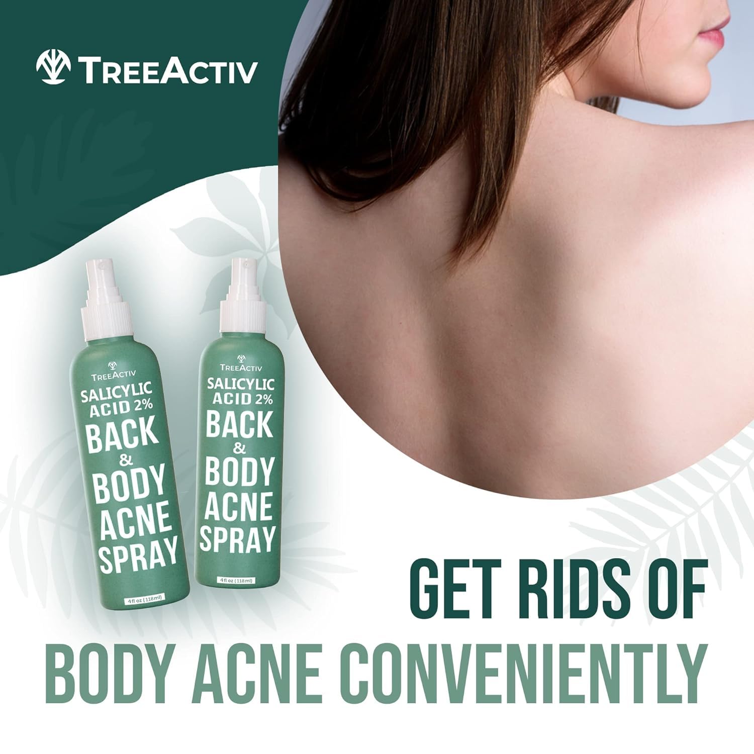 Mano aplicando TreeActiv spray bacne espalda para hidratación y control.