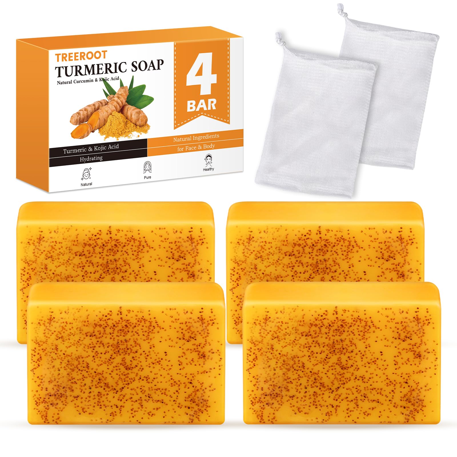 Treeroot Jabon Curcuma 4 Pack: limpieza suave diaria para rostro y cuerpo.