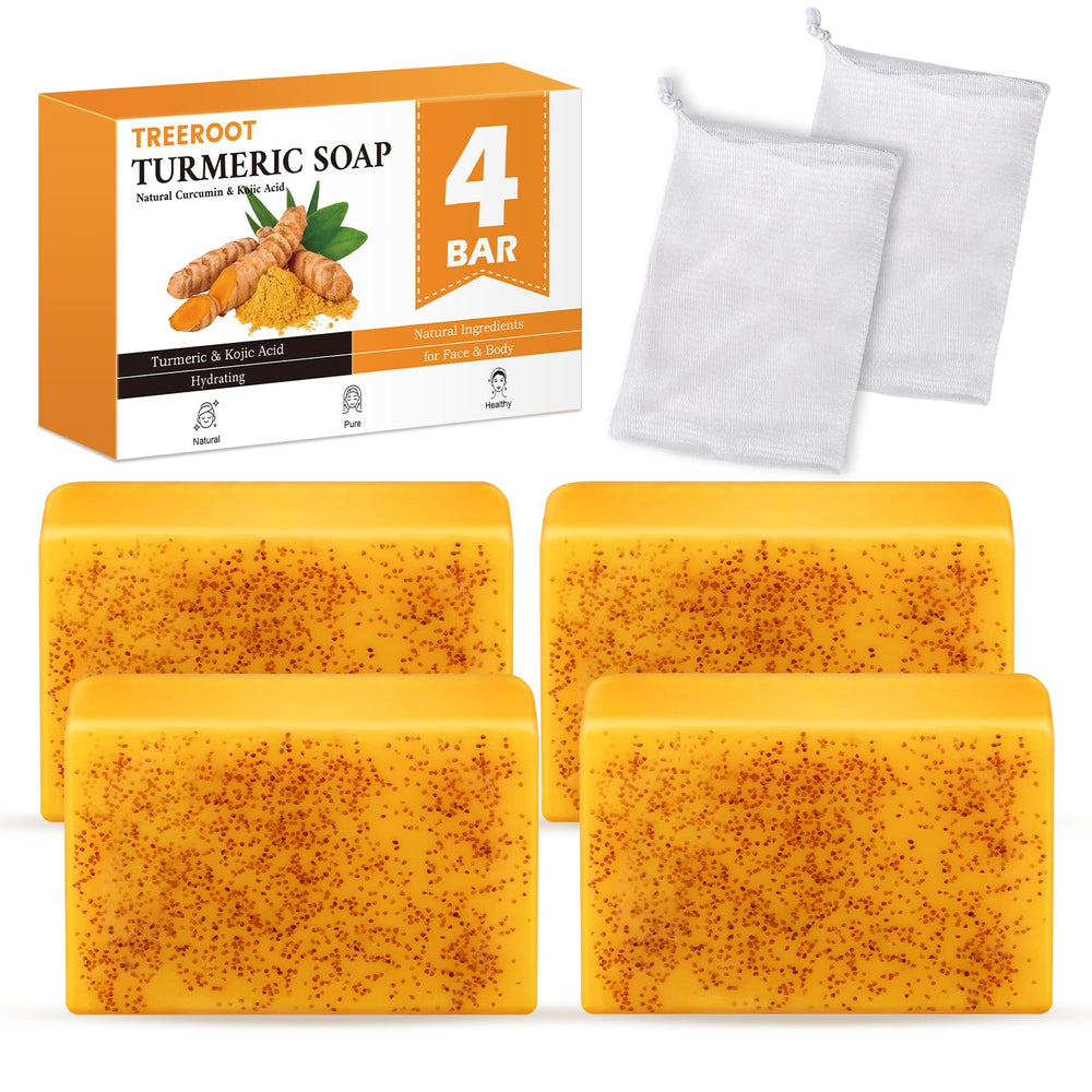 Treeroot Jabon Curcuma 4 Pack: limpieza suave diaria para rostro y cuerpo.