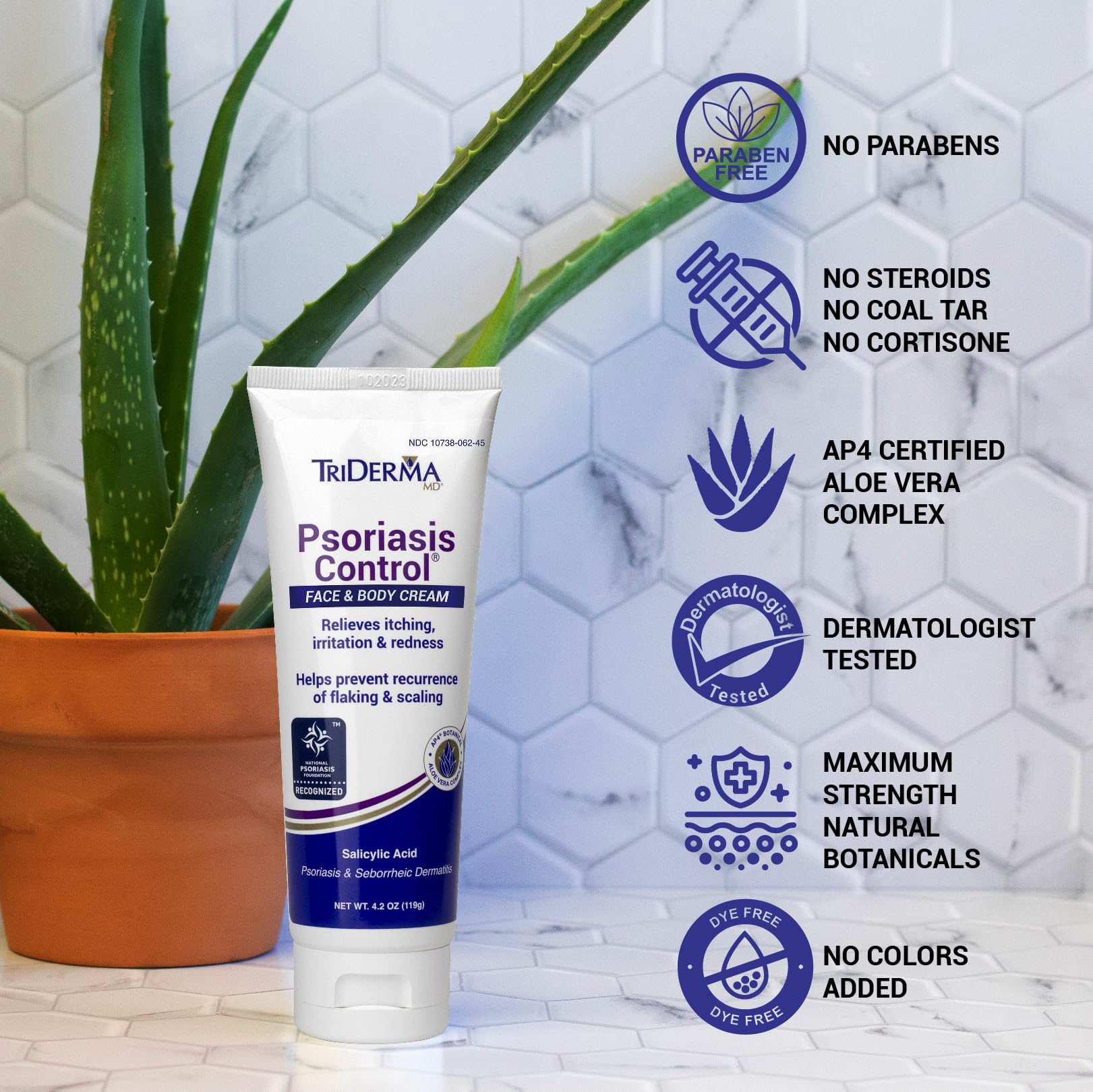 Frasco de 120 g TriDerma Psoriasis Control para uso diario.