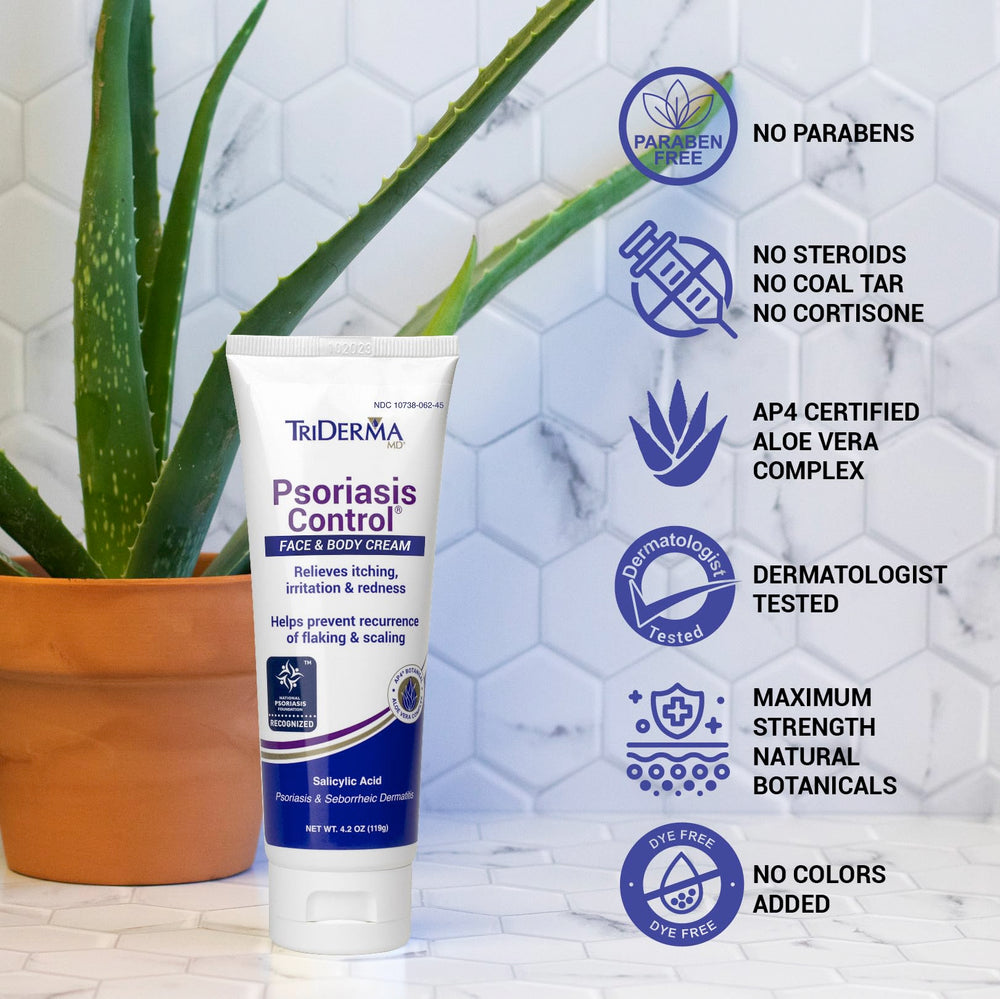 Frasco de 120 g TriDerma Psoriasis Control para uso diario.