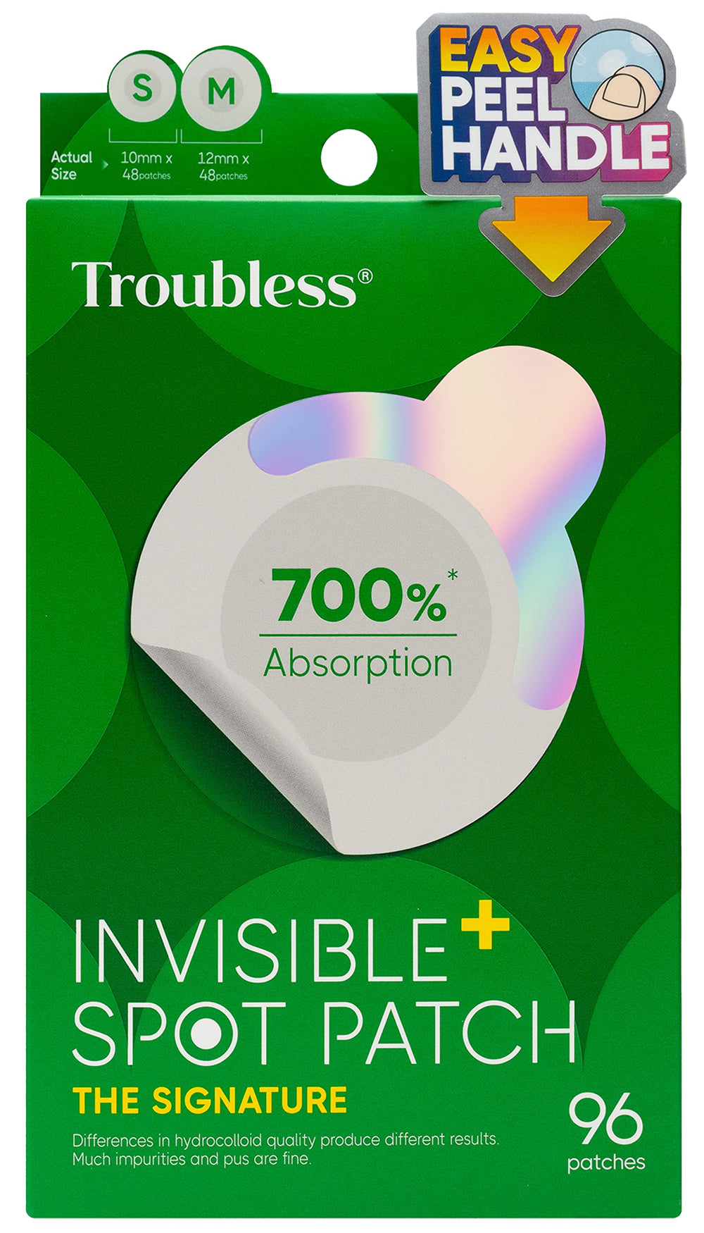 Troubless invisible pimple patch on packaging offers discreet daytime coverage.