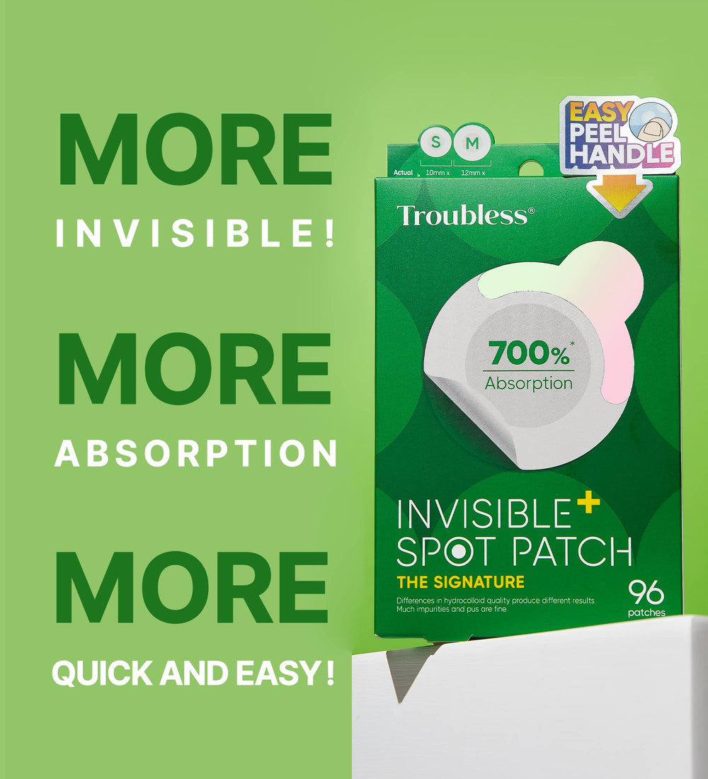 Close-up of Troubless ultra-thin patch on skin blends for a natural look.