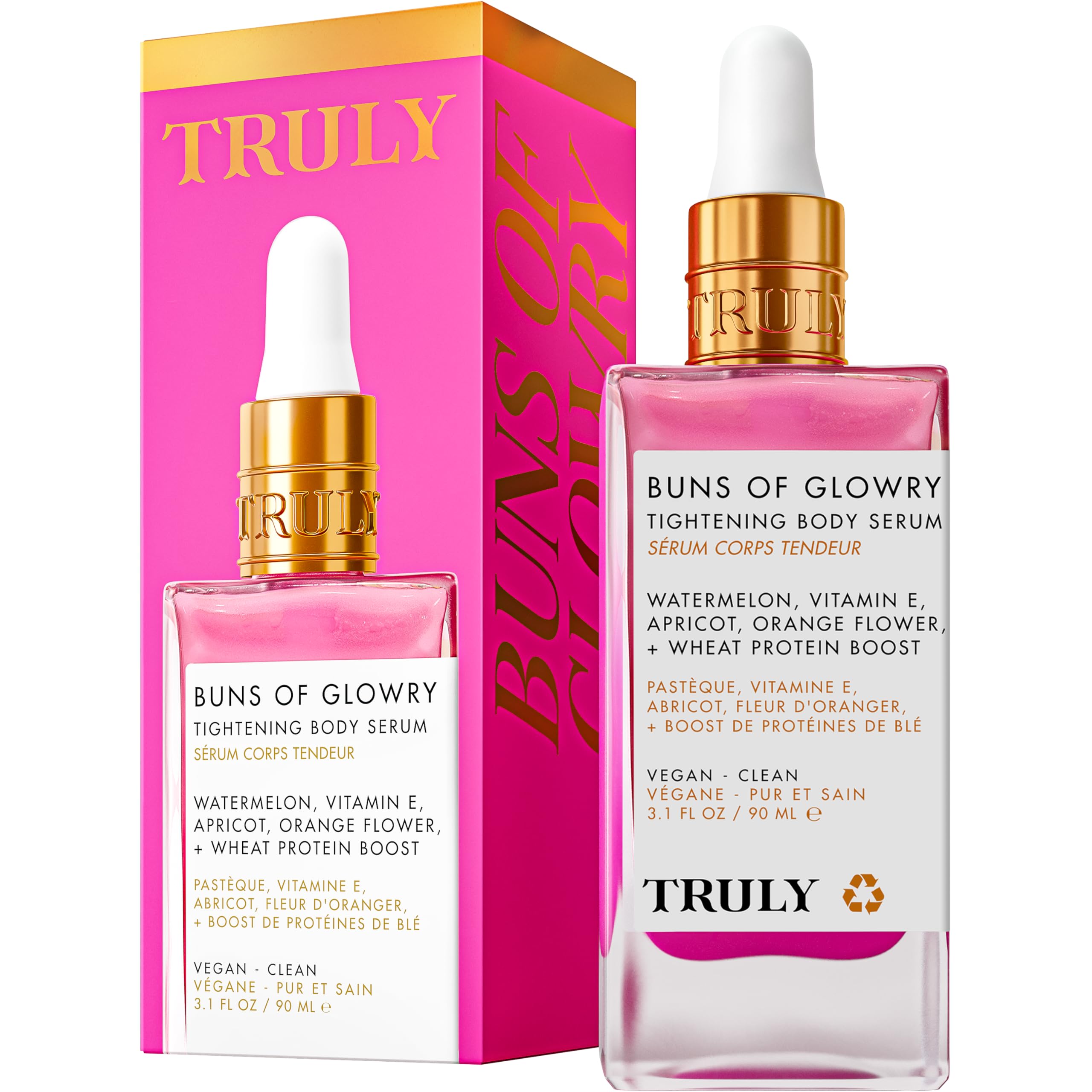 Sérum reafirmante Truly Buns Glowry para glúteos, absorción rápida.