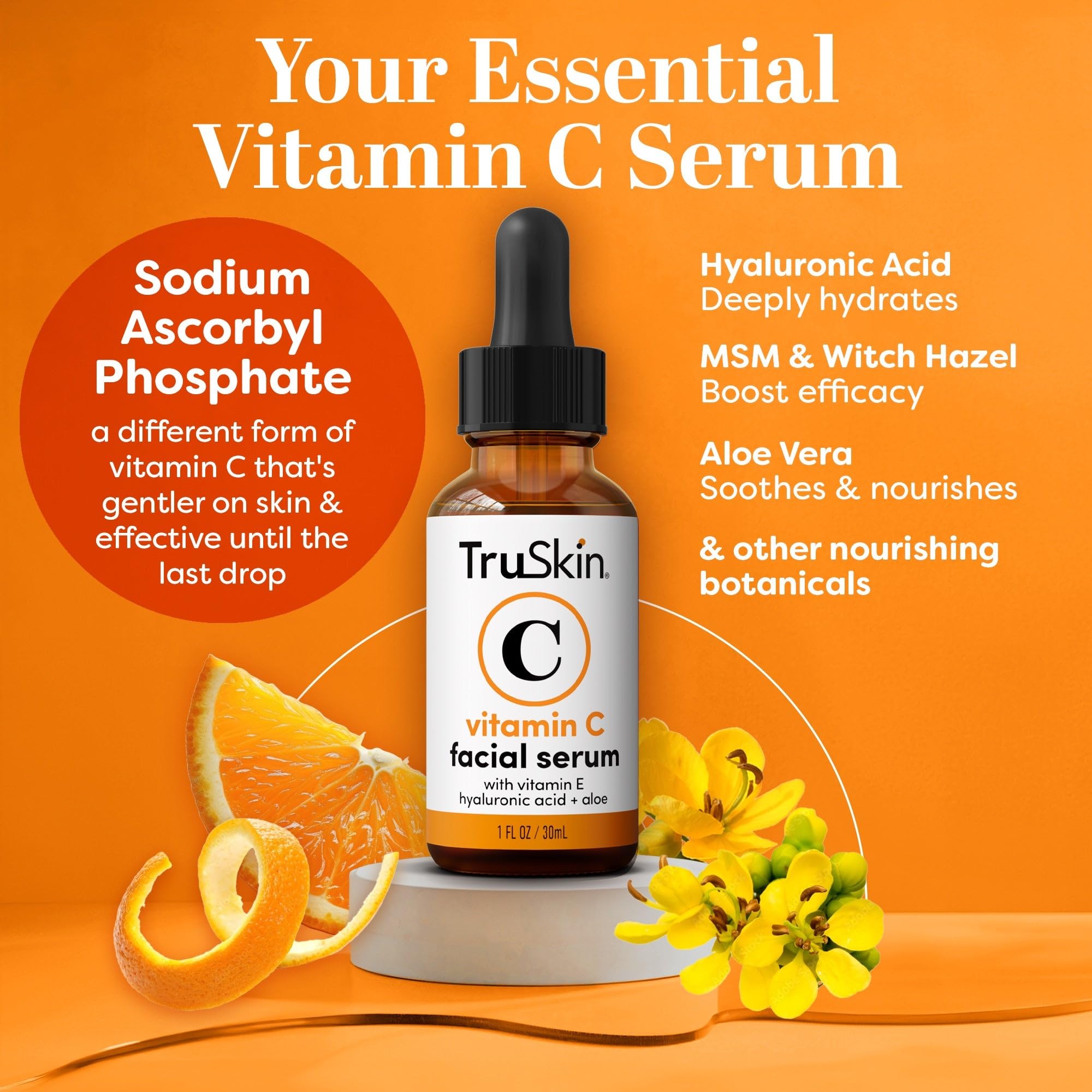 TruSkin Naturals serum vitamina C con ácido hialurónico hidrata y suaviza la piel.