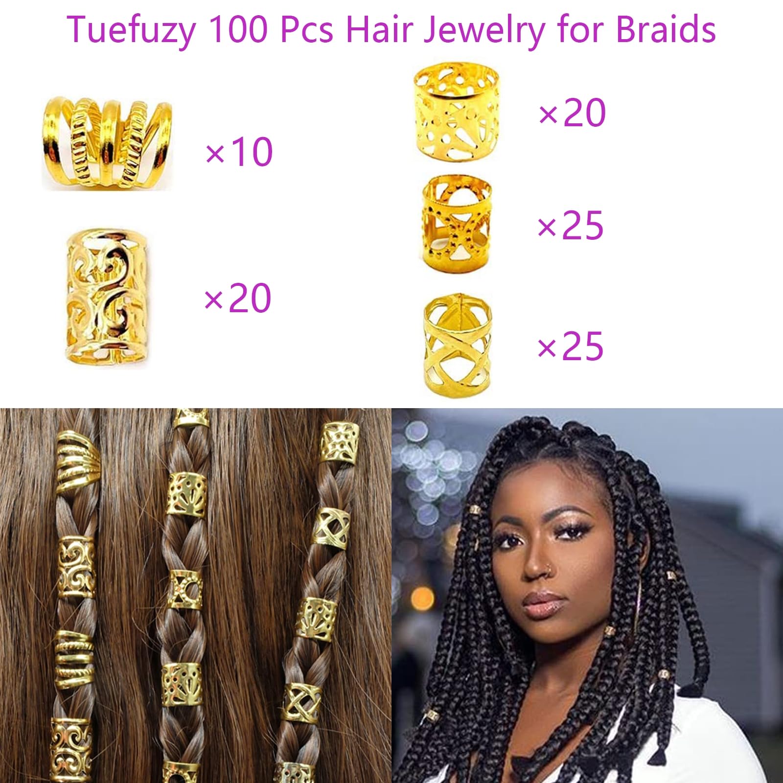 Tuefuzy accesorios dorados para dreadlocks, fijan estilos sin dañar el cabello.