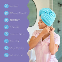 Turbie Twist: toalla ligera para secado fácil tras la ducha.
