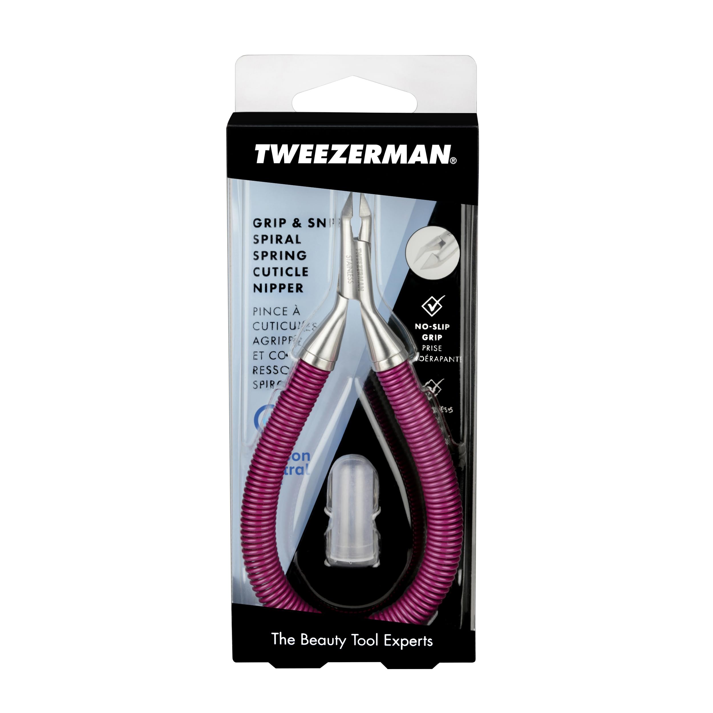 Tweezerman Grip & Snip espiral, guía de uso para empujar cutículas antes del recorte.