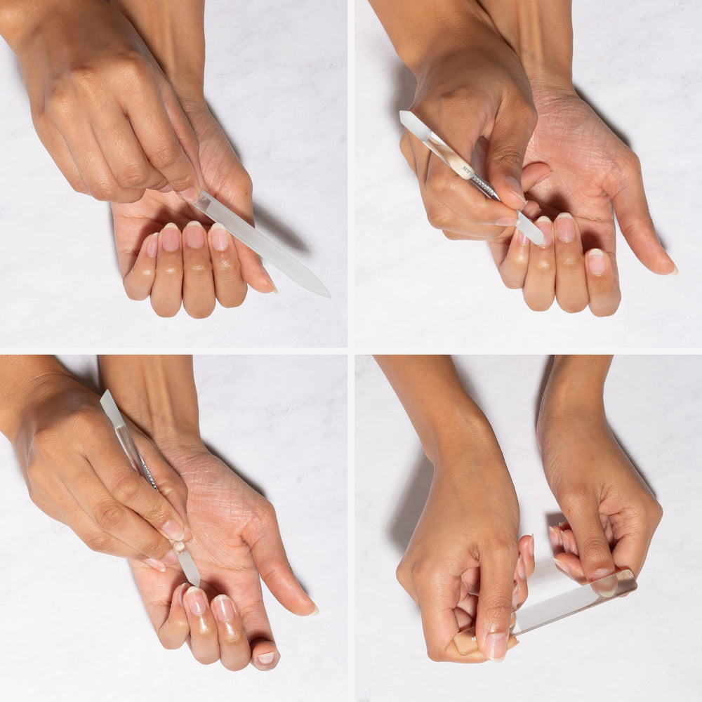 Detalle del vidrio duradero Tweezerman, suave con las uñas.