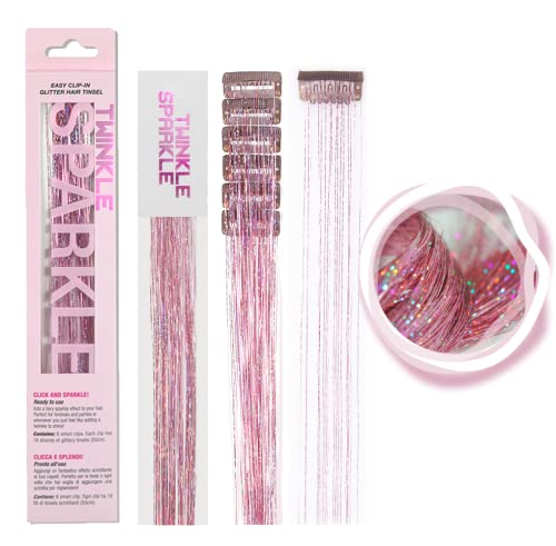 TWINKLE SPARKLE clips tinsel cabello Rosa Cuarzo, brillo sutil para fiestas.