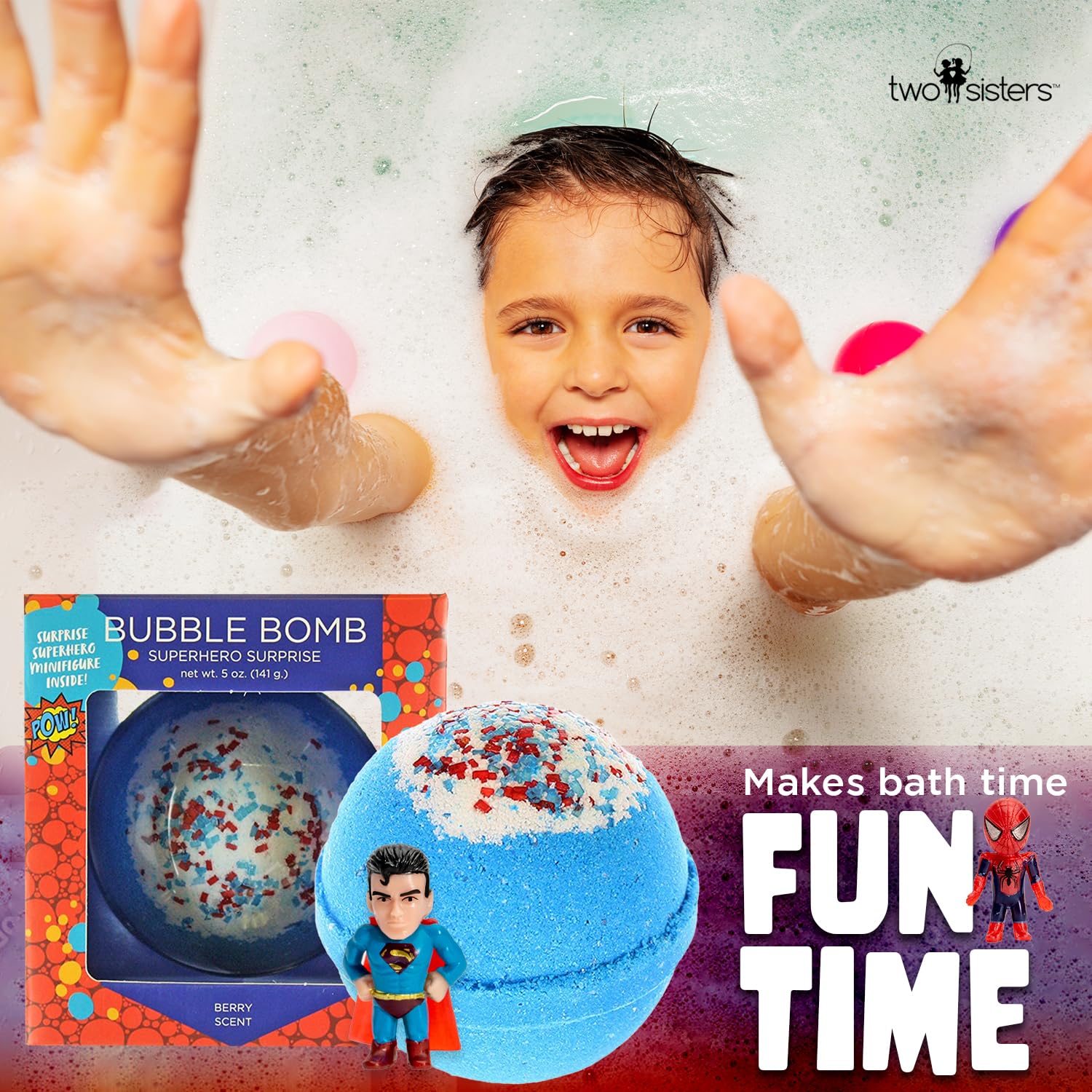 Two Sisters fruity berry scent bath bomb delivering colorful bubbles and fizz
