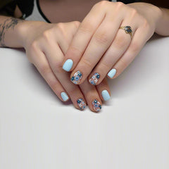 Tyuimhx uñas azules brillantes con flores, ideal para looks de primavera