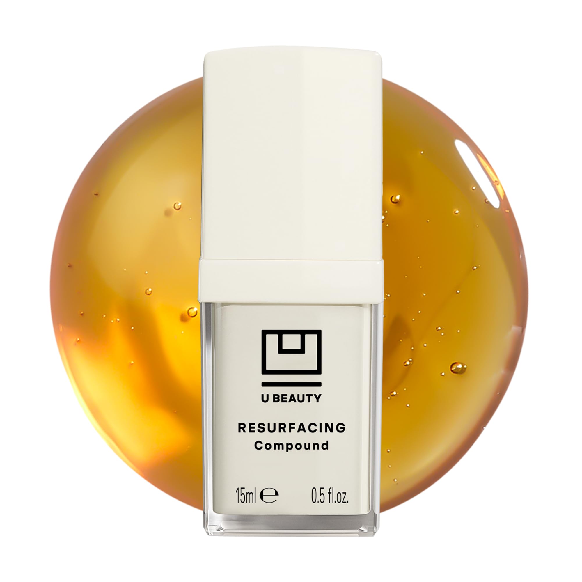 U Beauty Resurfacing Compound Serum en botella, hidrata profundamente la piel para un acabado suave.