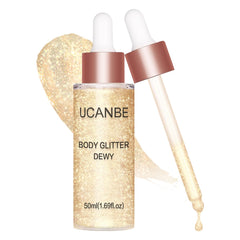 UCANBE Hydrating Body Shimmer bottle shows luxurious glow and hydration.
