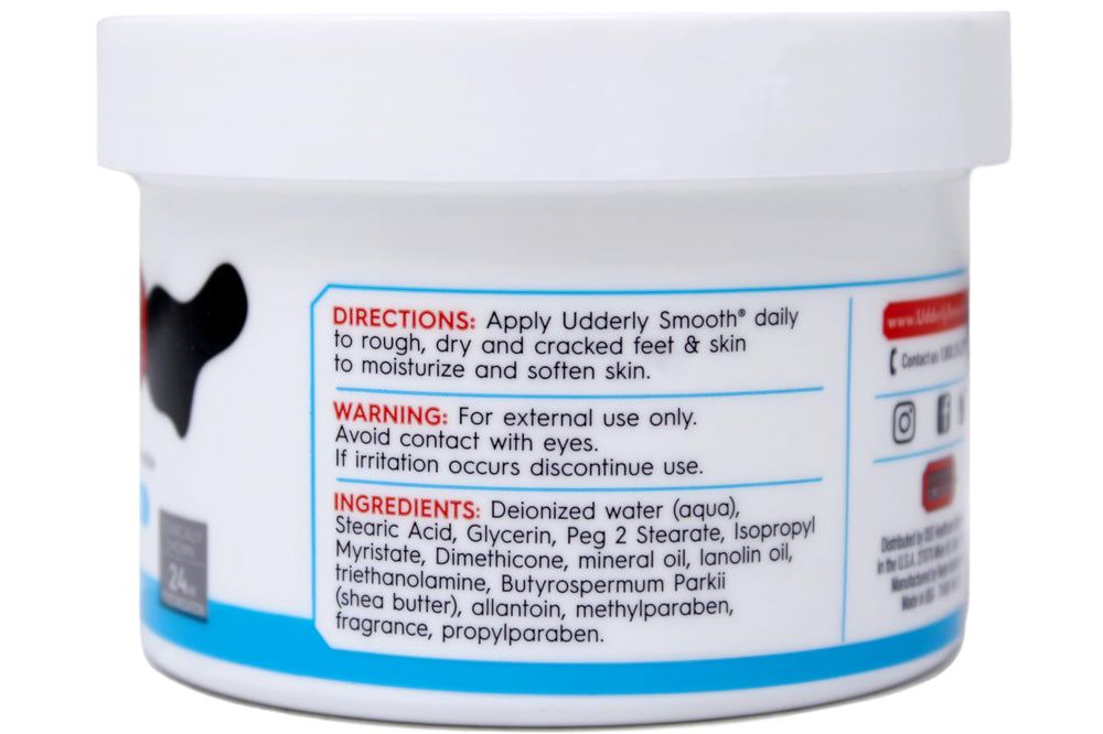Udderly Smooth aplicación diaria para pies, mejora suavidad con uso constante.