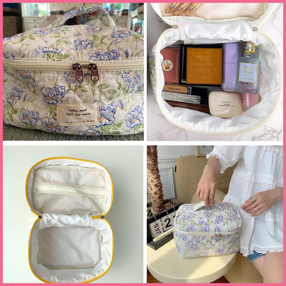 uekeboag bolso maquillaje acolchado, diseño floral coqueto para uso diario.