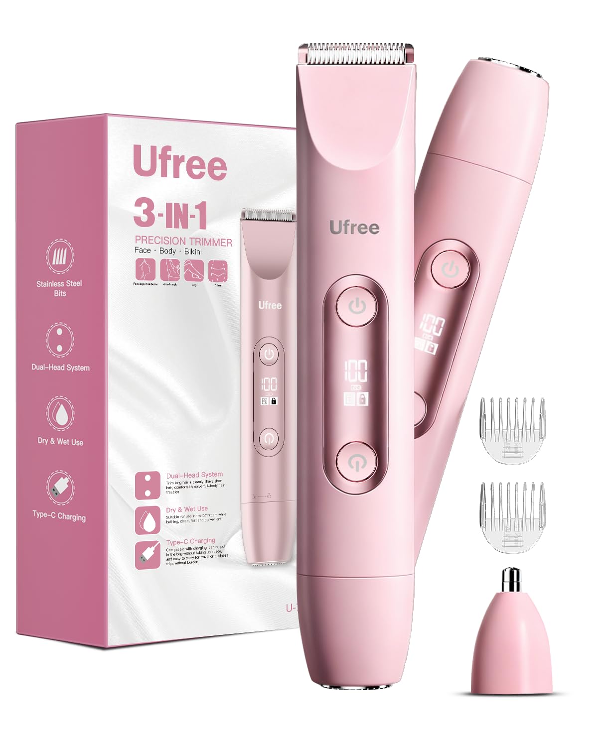 Ufree Bikini Trimmer con cabezales duales para grooming versátil en casa