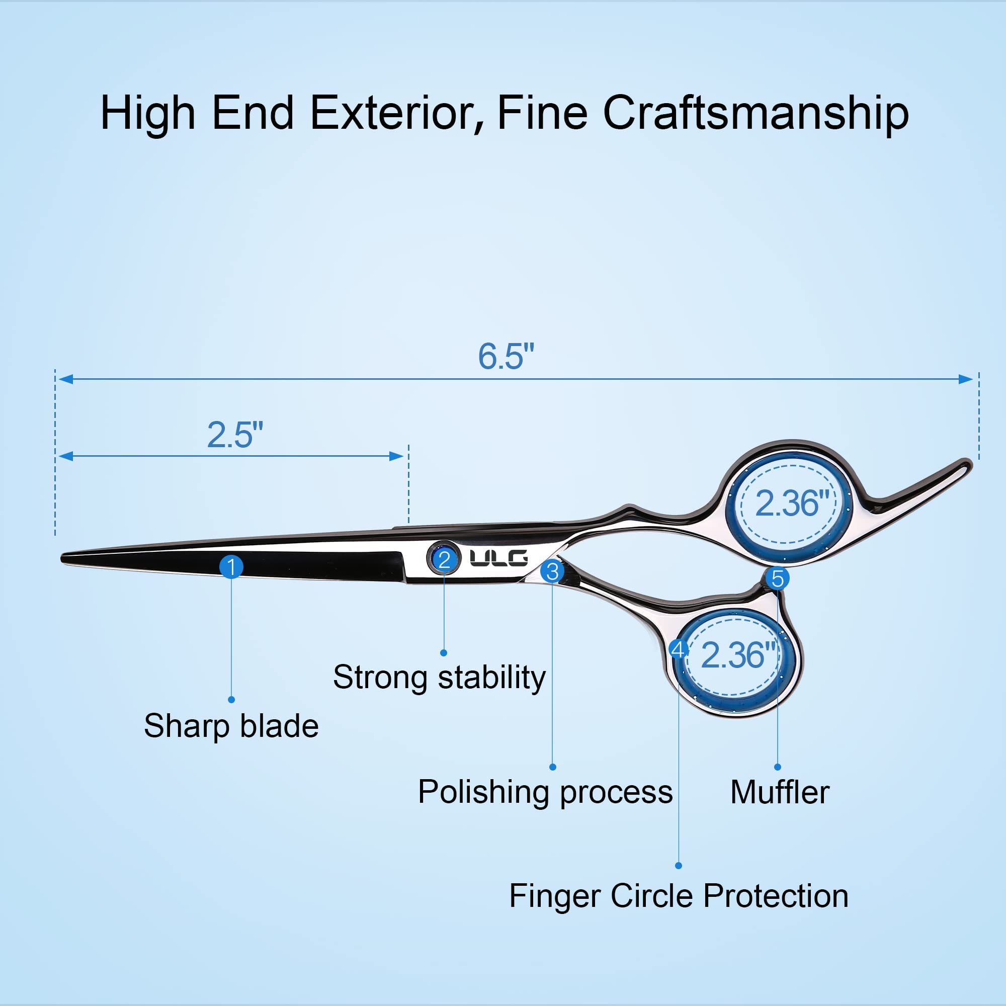Tijeras ULG barbero con mango offset ergonómico para reducción de esfuerzo.
