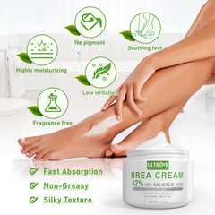Pies y talones tratados con Ultrove Urea Cream 42% para suavizar piel áspera.