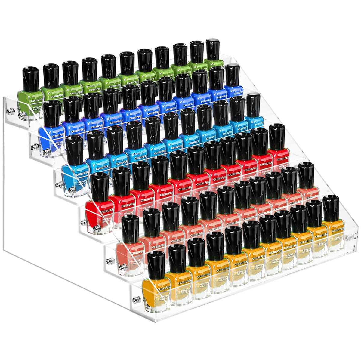 Umirokin organizador de esmaltes, vista frontal, almacenamiento compacto para 54–72 botellas.