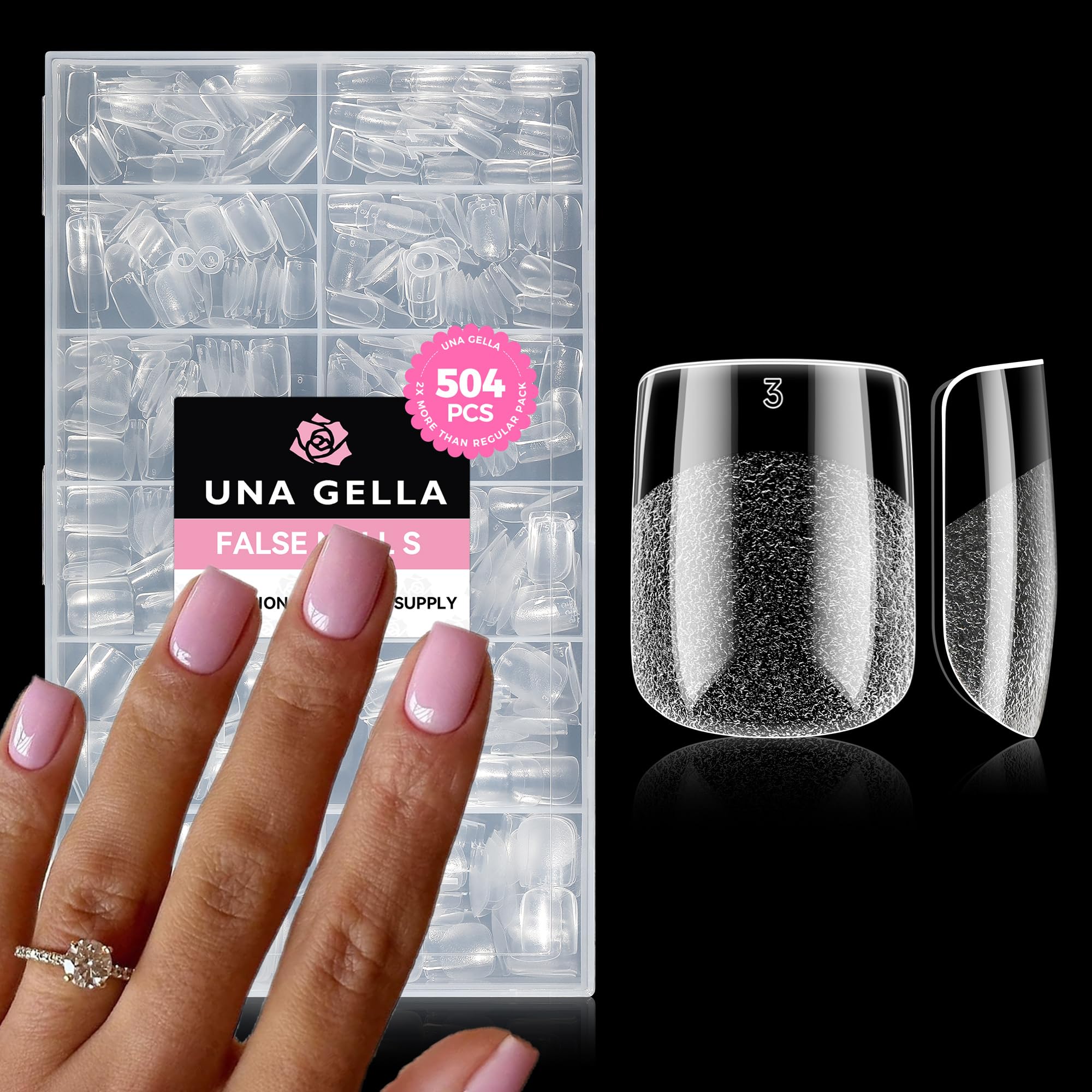 UNA GELLA Extra Short Nail Tips 504pcs in a square pack for easy at-home manicures.